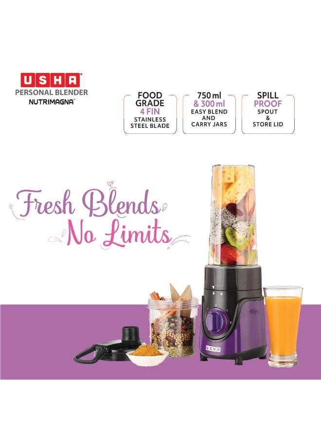 أوشا USHA Blender Nutrimagna | 350W| On the Go Blender| Stainless steel blades| Spill proof spout and store lid | 2 speed and pulse operation | Lavender - Image 3